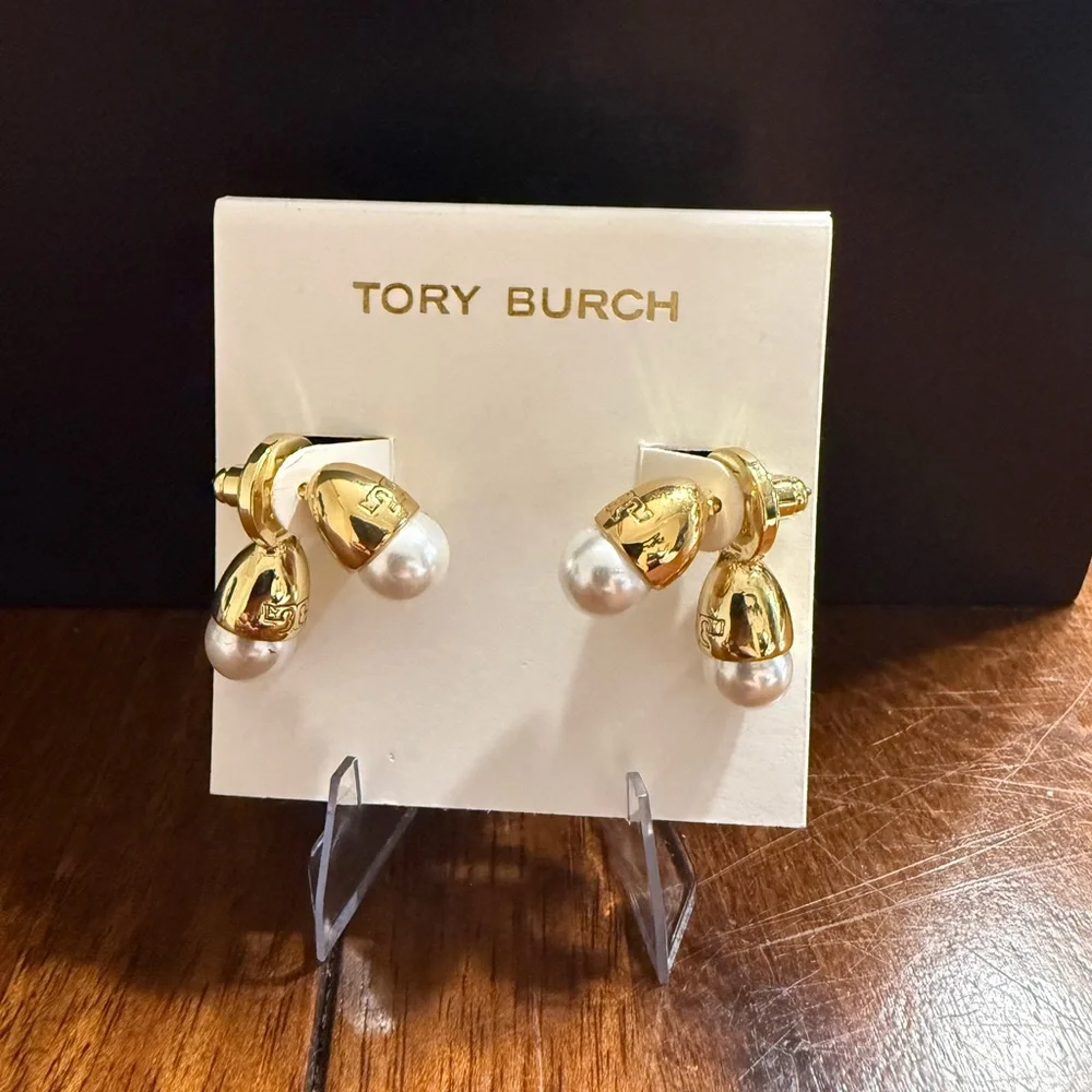 RARE Tory Burch Double Pearl Signature Logo Front and Back Brass Earrings